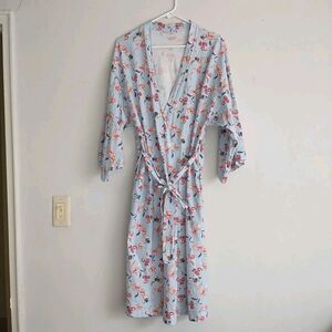 Garnet Hill Robe Womens S/M*Blue Pink Floral Asian Wrap Kimono Organic Cotton
